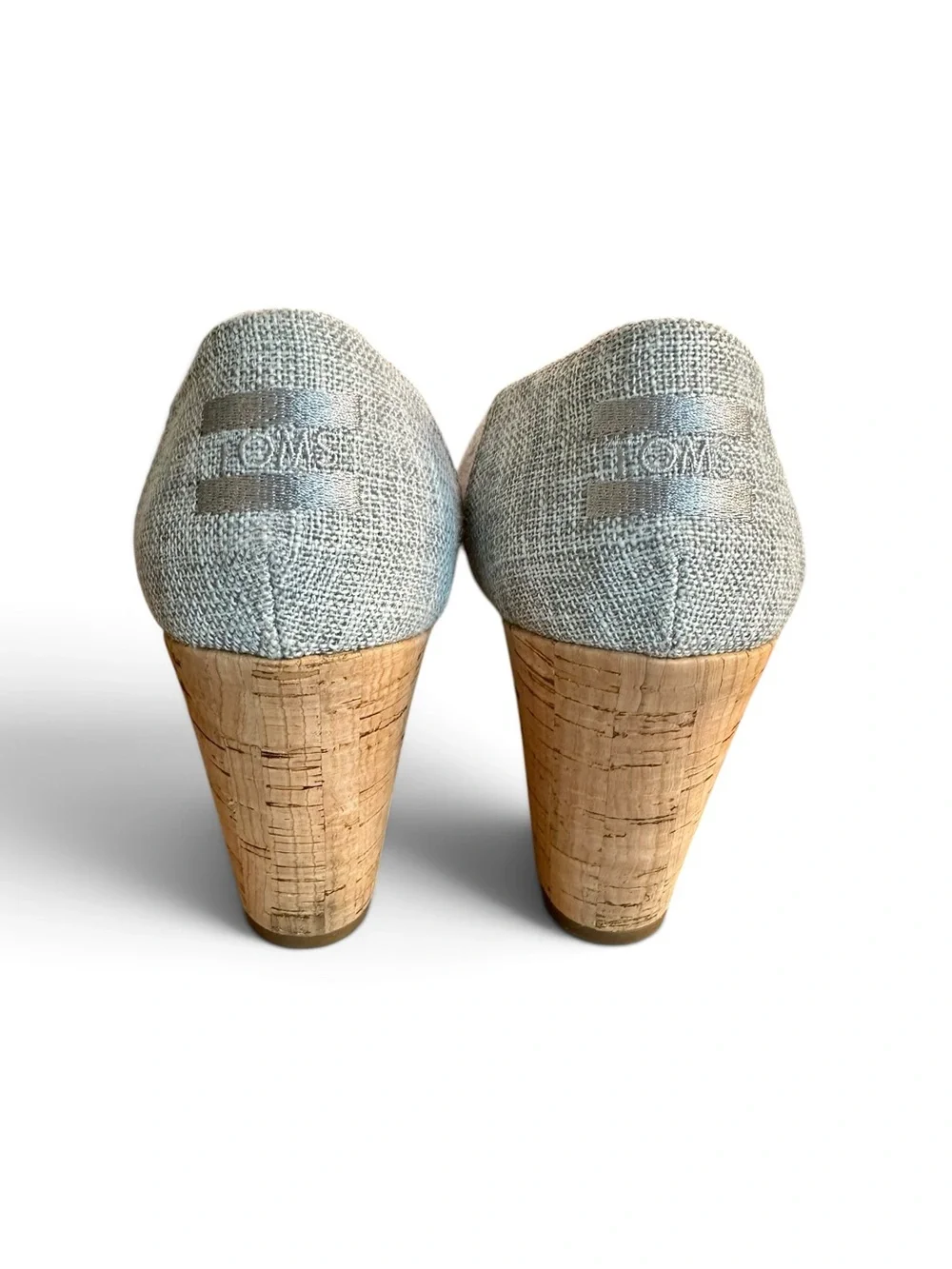 Toms Light Gray Linen Peep-Toe Cork Wedge Heels